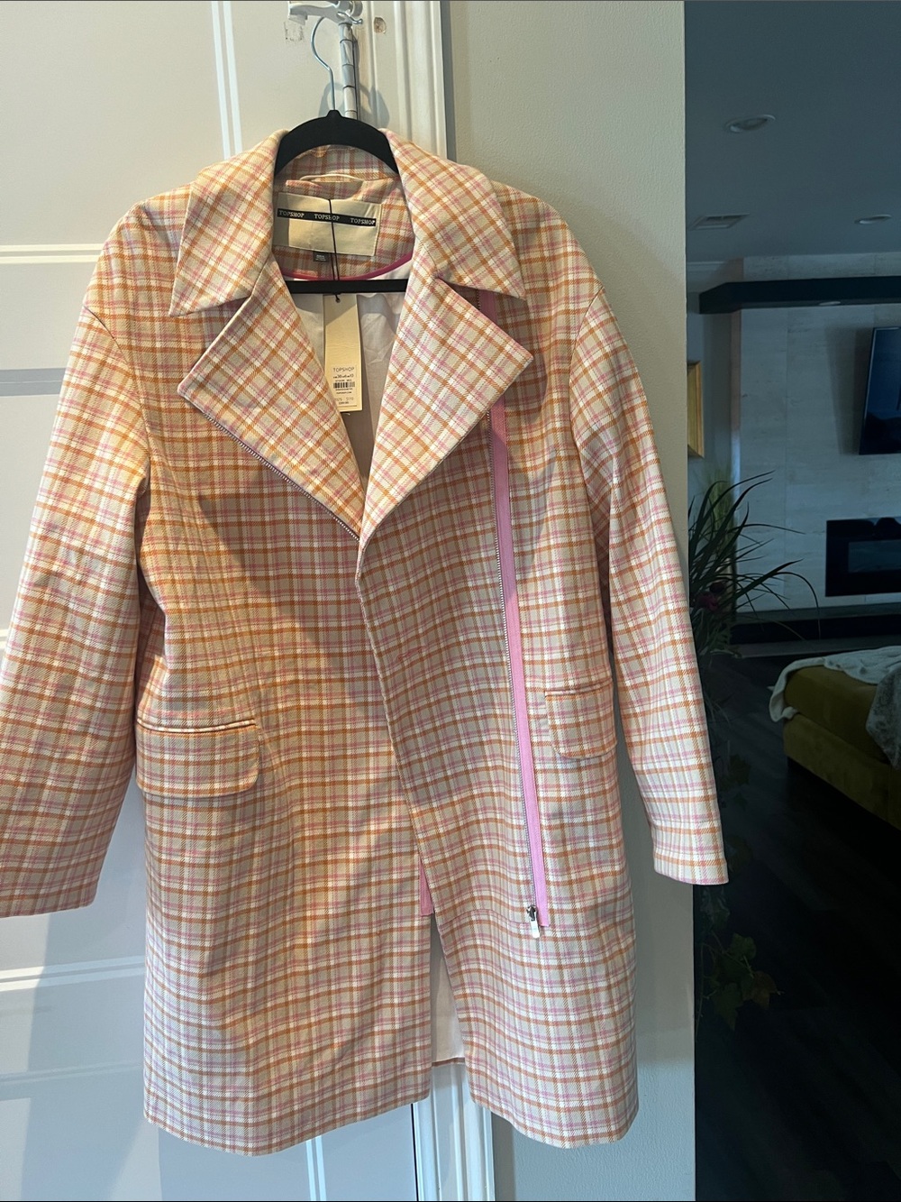 Topshop Pink & Cream Plaid Trench Coat